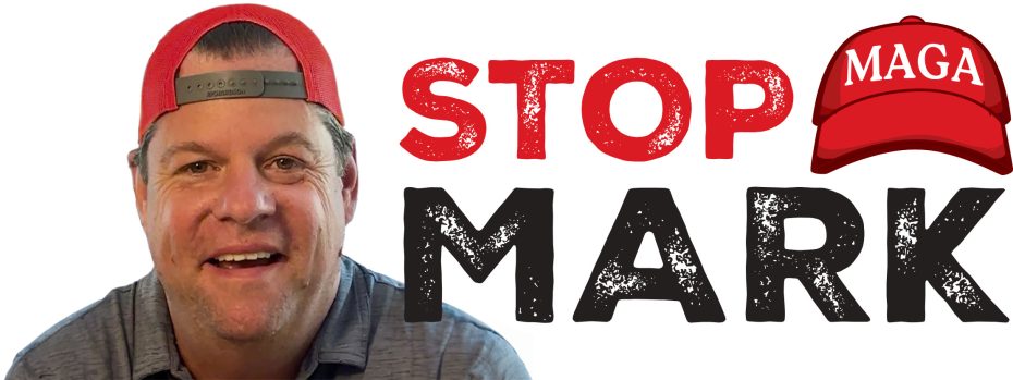 A man wearing a backwards red cap smiles, exuding confidence. Beside him are the words "STOP MARK" accompanied by an image of a MAGA hat, hinting at the contentious debates often buzzing around the SF election scene.