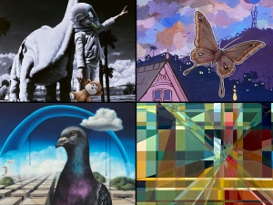A collage of four images: astronaut with dinosaur, moth above rooftops at sunset, pigeon with cityscape and sky, and abstract geometric pattern with colorful shapes and lines.