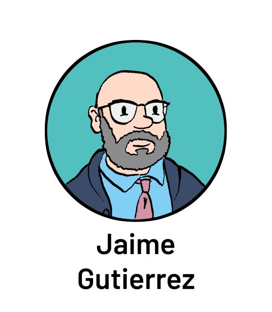 Illustrated portrait of a bearded man with glasses, wearing a blue shirt, tie, and jacket, labeled "Jaime Gutierrez.