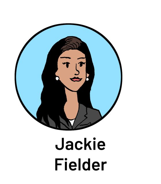 Illustration of a woman with long black hair and pearl earrings on a blue circle background, labeled "Jackie Fielder.