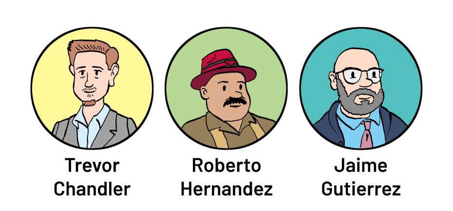 Illustration of three men in circles: Trevor Chandler, Roberto Hernandez wearing a red hat, and Jaime Gutierrez with glasses and a beard.
