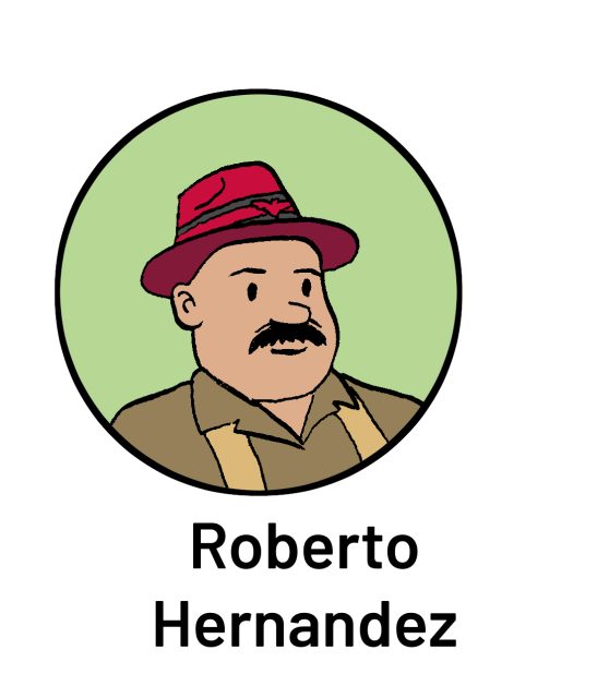 Illustration of a man with a mustache, wearing a red hat and brown shirt, labeled "Roberto Hernandez.
