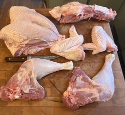 Raw turkey pieces and a knife arranged on a wooden cutting board.