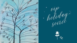 Illustration of a tree on the left with text "VIP Holiday Soiree" on the right against a blue background.