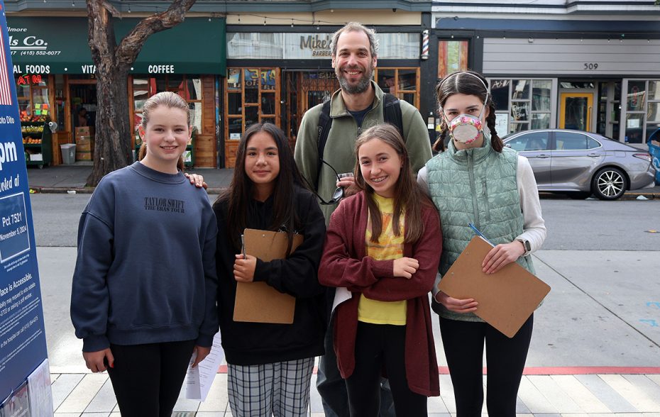 A group of five people pose on a street with shops and a parked car in the background. They hold clipboards, and one person is wearing a face mask.