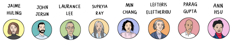 Illustration of eight people, each in a circular frame, with their names displayed above: Jaime Huling, John Jersin, Laurance Lee, Supriya Ray, Min Chang, Lefteris Eleftheriou, Parag Gupta, Ann Hsu.