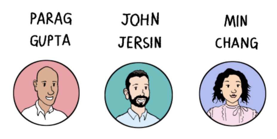 Illustration of three individuals labeled as Parag Gupta, John Jersin, and Min Chang, each in circular portraits with different background colors.