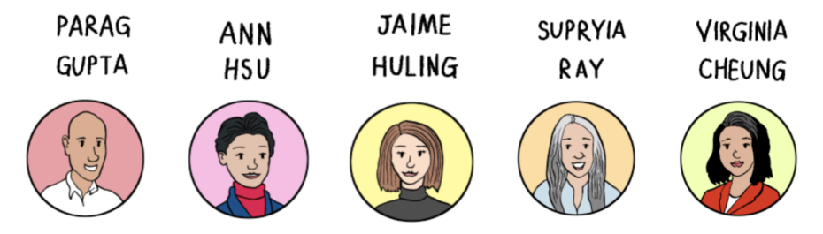 Illustration of five people: Parag Gupta, Ann Hsu, Jaime Huling, Supriya Ray, and Virginia Cheung, each in a circular frame with different colored backgrounds.