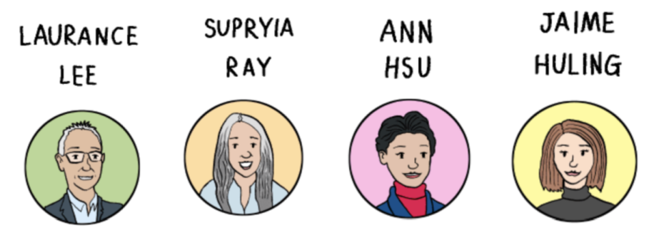 Illustrated portraits of four individuals with names: Laurance Lee, Supriya Ray, Ann Hsu, and Jaime Huling, each in a circular frame with different colored backgrounds.