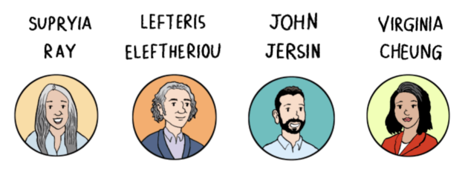 Illustrated portraits of four individuals with names above: Supriya Ray, Lefteris Eleftheriou, John Jersin, and Virginia Cheung.
