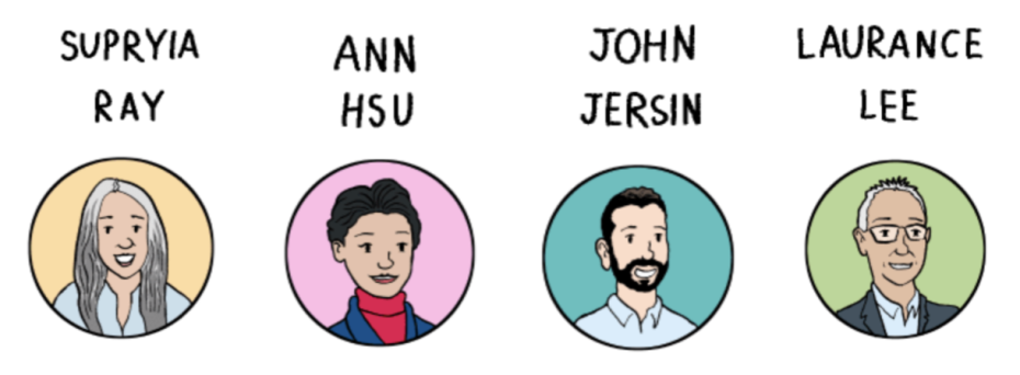 Illustration of four individuals named Supriya Ray, Ann Hsu, John Jersin, and Laurance Lee, each in separate circular frames.