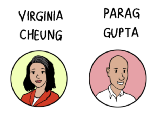 Illustration of two people. Left: Woman with dark hair labeled "Virginia Cheung" on a yellow circle. Right: Man with a shaved head labeled "Parag Gupta" on a pink circle.