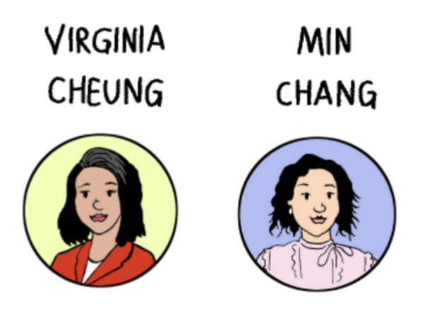 Illustration of Virginia Cheung on the left in a red blazer and Min Chang on the right in a pink blouse, each within circular frames.