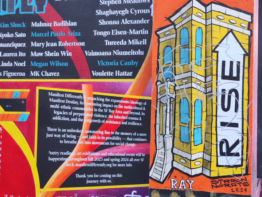 Colorful mural with a list of names, a cartoon building, and the word "RISE" in large text. Includes a paragraph about challenging the expansionist ideology of Manifest Destiny.