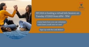 Two people sitting on the floor high-fiving. Text about SF CASA's virtual info session on 1/9/2025, 6-7 PM, for volunteering with foster youth. Sign-up link mentioned below.