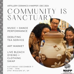 Flyer for "Community is Sanctuary" event, featuring music, dance, art market, tea service, and clothing swap. Scheduled for December 7, 4 PM-7 PM, at 2731 Mission St., SF.