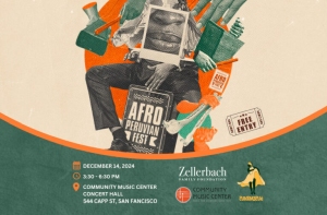 Collage-style poster for Afro-Peruvian Fest on December 14, 2014, at Community Music Center, San Francisco. Includes event details and logos.