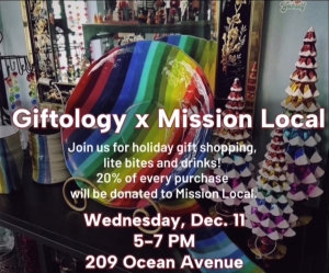 Colorful gift shop display with rainbow-striped bowl and tree-shaped decorations. Event details: Giftology x Mission Local on Wednesday, Dec. 11, 5-7 PM at 209 Ocean Avenue.