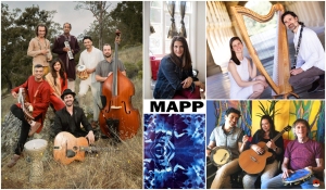 Collage of musical groups and a logo. Musicians with various instruments like a harp, guitar, and trumpet are shown, along with the word "MAPP" and an abstract design.
