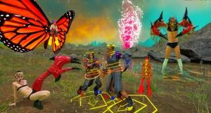 A surreal scene with characters in sci-fi outfits, including robotic figures, a butterfly, and a lobster claw. A vibrant glowing vortex appears in the background amidst a grassy landscape.