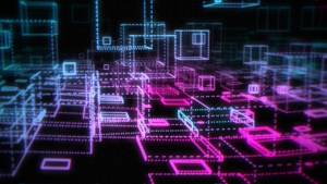 A digital abstract background featuring a network of neon pink and blue glowing geometric shapes and lines on a black backdrop.