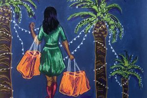 A person in a green dress carries shopping bags, walking past palm trees decorated with string lights against a dark blue background.