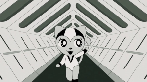 A cartoon cat character in a futuristic outfit walks through a geometric corridor.