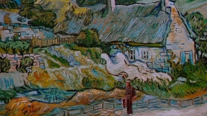 Colorful painting depicts a person in a hat standing near a path against a backdrop of rustic cottages and greenery.