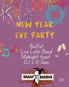New Year Eve Party poster with fireworks, music notes, and champagne glasses. Details include buffet, live Latin band, midnight toast, and DJ until 3 am. Venue: Bissap Baobab. Price: $35.