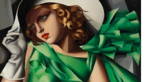 Painting of a woman in a green dress and wide-brimmed hat, with curled hair and a contemplative expression, rendered in an abstract style.