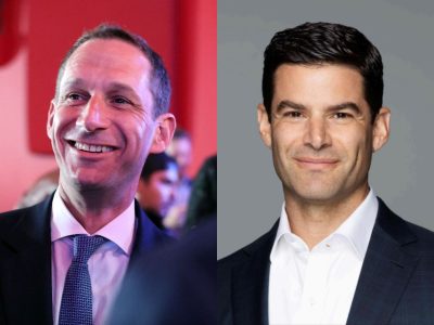 Two men in suits are shown in a split image. The man on the left is smiling in a slightly dim setting, while the man on the right is in a well-lit formal portrait.