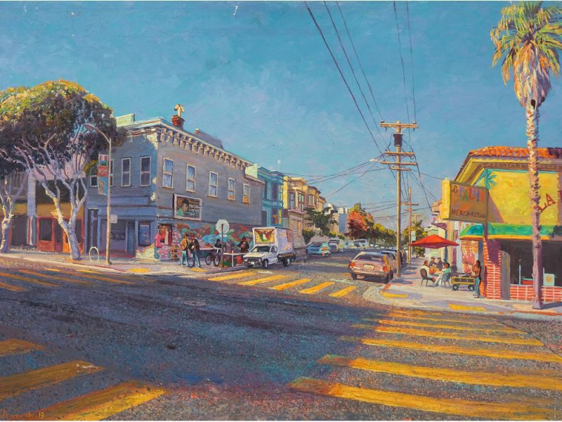 Painting of a street scene at an intersection with palm trees, buildings, a parked car, bicycles, and crosswalk lines under a clear blue sky.