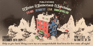 Flyer for Winter Wonderland Warehouse event on Friday, December 20, 2021, at 161 Erie St, SF, CA. Features festive decorations and promotes toy or food donations. Event for ages 21+.