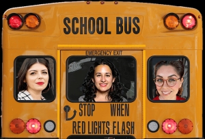 Three people are seen through the rear windows of a yellow school bus. The bus displays a stop warning sign below the windows.