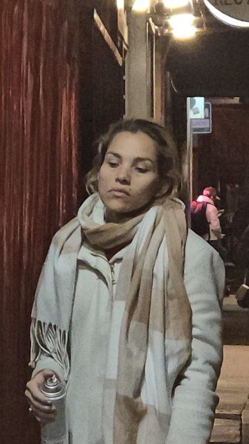 A close-up of the person who tagged the mural 'Carnaval on Mission' on Sunday Dec. 15, 2024. photo courtesy of Antonio Barrera. 