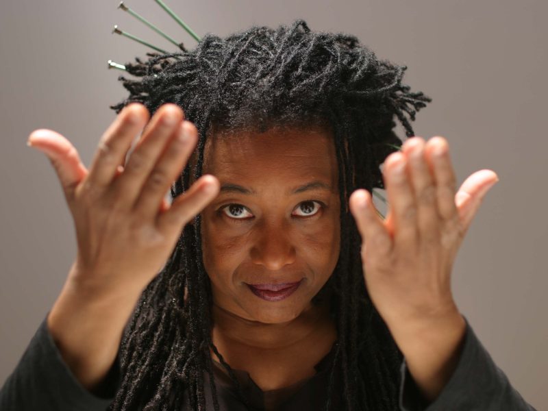 Person with locks holding hands up in front of their face, with knitting needles visible in their hair.