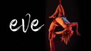 Aerial performer suspended on red silks, with a logo on the left side featuring the word "eve" in white script.