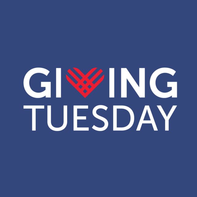 Giving Tuesday logo with the word "Giving" in white, featuring a red heart made of intersecting lines, and "Tuesday" below it in white, set against a dark blue background.
