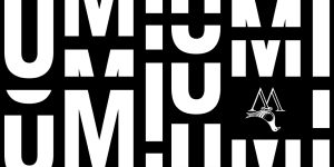 Abstract design featuring the letters "UM," "MI," and "MU" in bold, white typography on a black background, with a small, stylized logo incorporating the letter "M" and a seagull illustration.