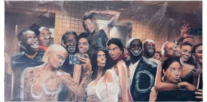 A large group of people posing for a selfie in a room with tiled walls, painted over with white brushstrokes on their faces and bodies.