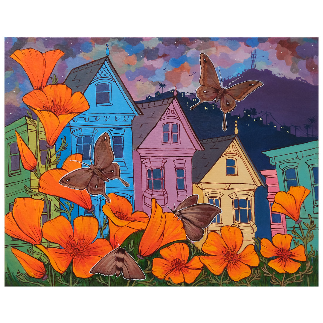Colorful houses with a vibrant garden of orange flowers in the foreground. Several large butterflies are flying above, with a colorful twilight sky in the background.