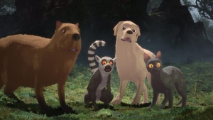 Four animated animals with surprised expressions stand in a forest clearing: a capybara, a lemur, a dog, and a cat with large, glowing eyes.