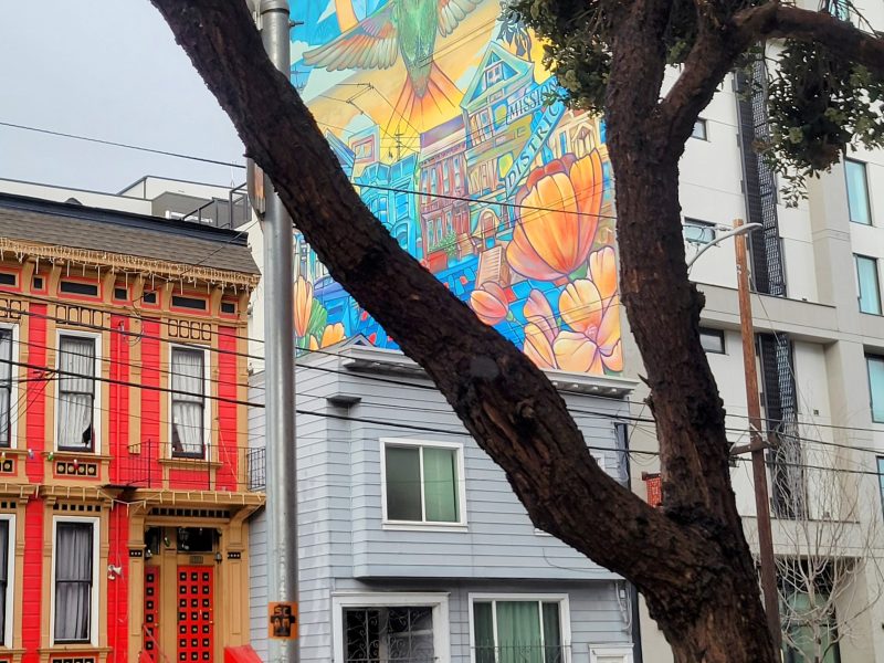 Street view featuring colorful murals on buildings, with a prominent tree trunk in the foreground.
