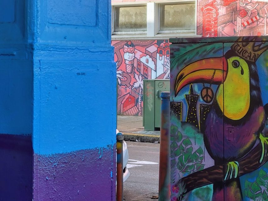 Street art with a colorful toucan on a utility box, and a mural featuring abstract designs and a character in the background.