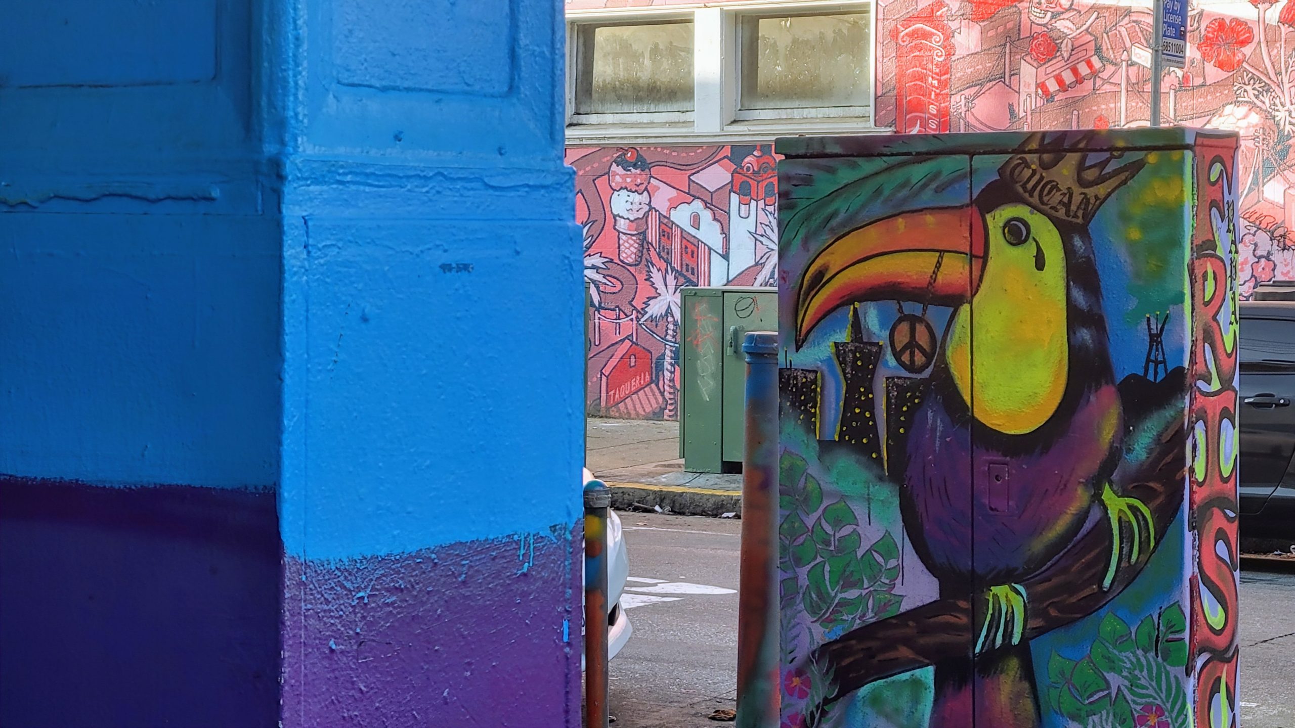 Street art featuring a colorful toucan holding a branch, peace sign, and wearing a crown, painted on a utility box with a vibrant wall mural in the background.