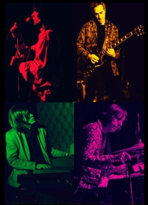 A collage of four musicians playing instruments: a singer, a guitarist, a keyboardist, and a drummer, each tinted in different colors.