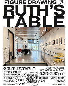 Gallery corridor at Ruth's Table set up for a figure drawing class. Event details and dates are listed.
