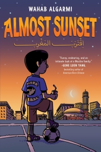 Illustration of a boy with a soccer ball looking at a sunset. Text reads "Wahab Algarmi Almost Sunset" with a cityscape and palm trees in the background.
