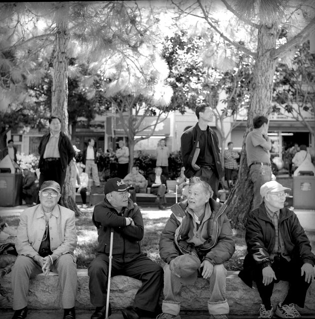 Four elderly men sit on a bench under trees, while others stand and walk in the background in a park setting.