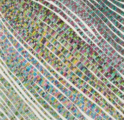 A colorful abstract mosaic pattern with small square tiles in various shades of green, pink, yellow, and blue, intersected by white wavy lines.
